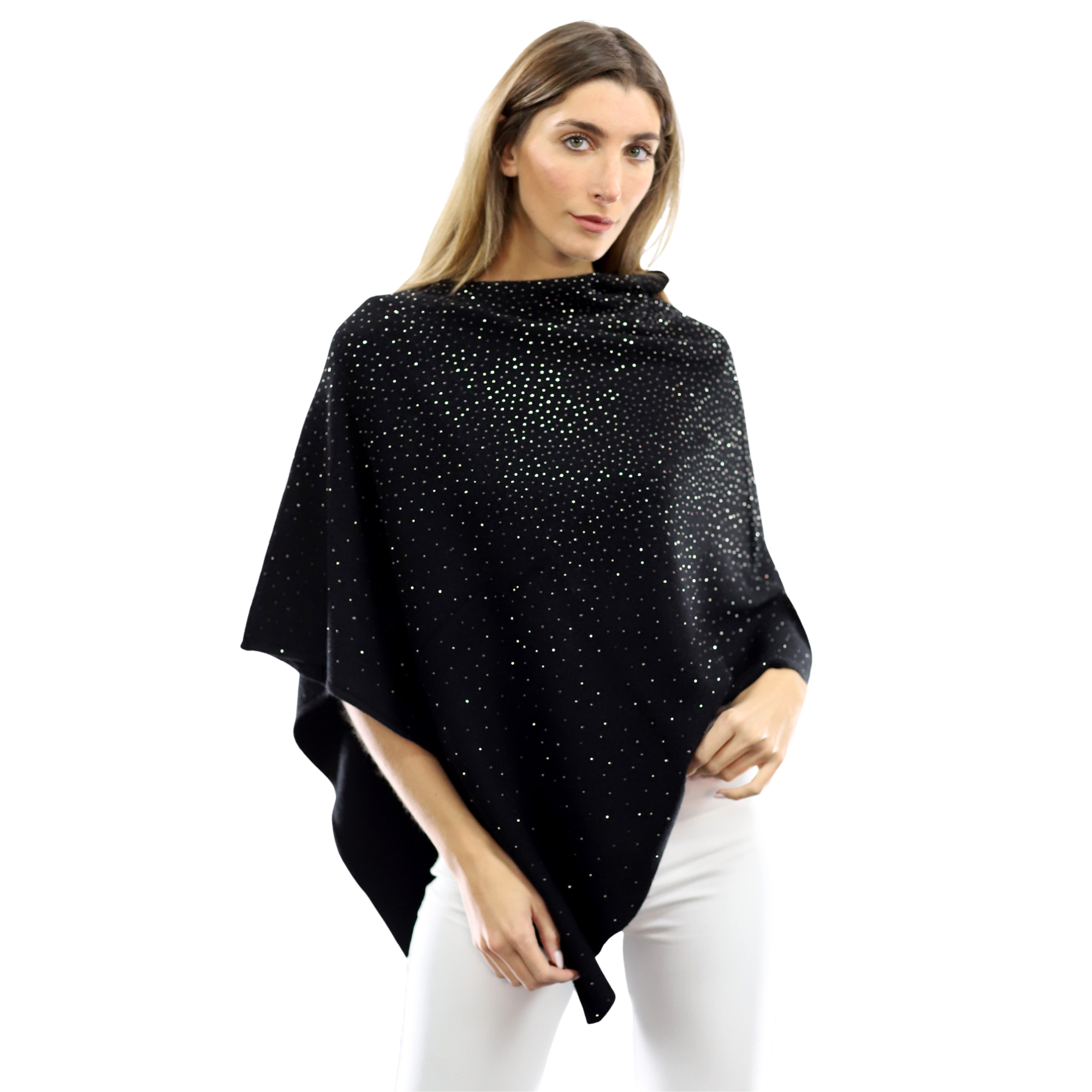 Light Weight Poncho with Embellishments- Black - Poncho - La Fiorentina BE13