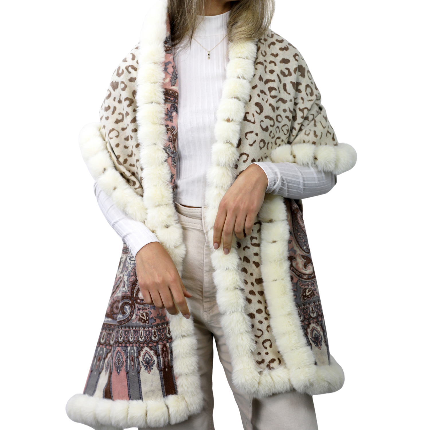 Wrap with Faux Trim - Paisley/Leopard Print - Faux Fur Wrap - La Fiorentina FAUX2132