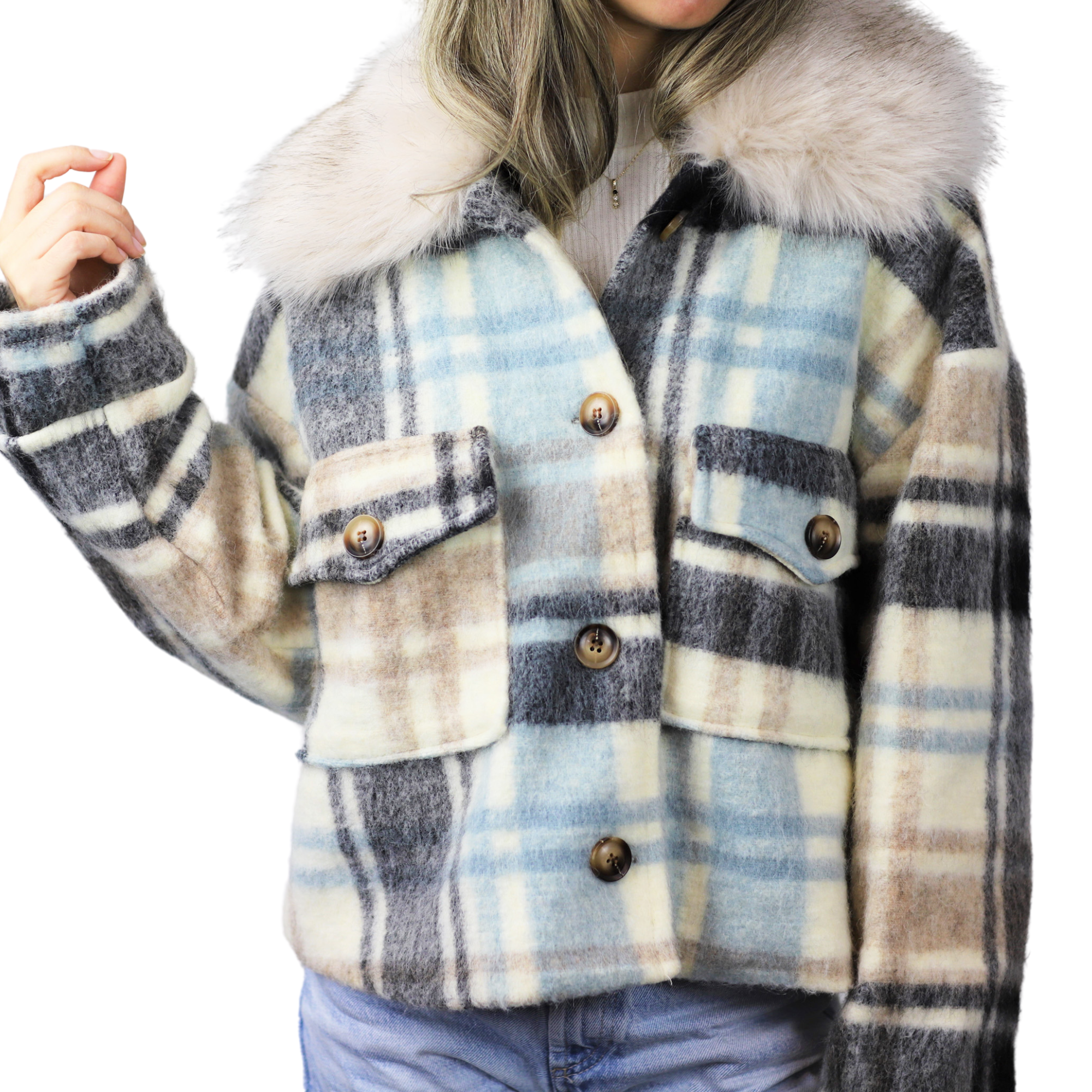 Plaid Cropped Jacket w/ Trim - White - Outerwear - La Fiorentina CAM5631_WHT_SM