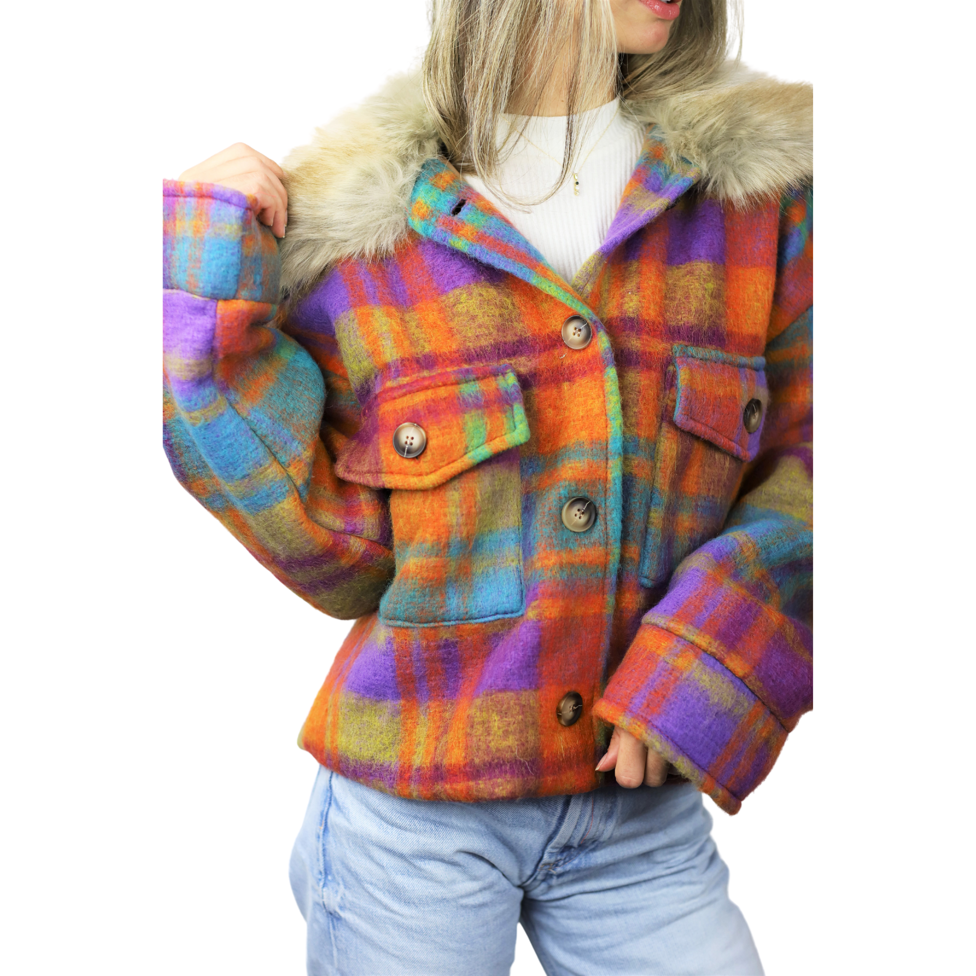 Plaid Cropped Jacket w/ Trim - Orange - Faux Fur Jacket - La Fiorentina CAM5631_OJ_ML