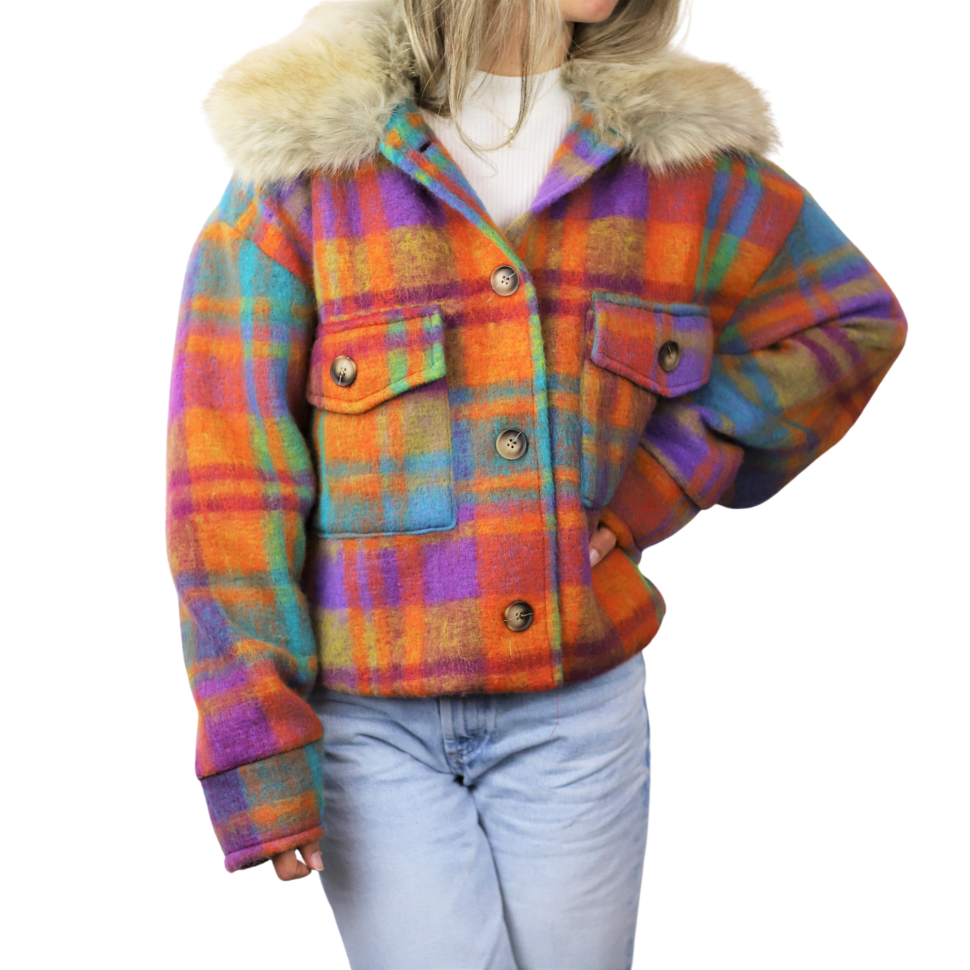 Plaid Cropped Jacket w/ Trim - Orange - Faux Fur Jacket - La Fiorentina CAM5631_OJ_SM