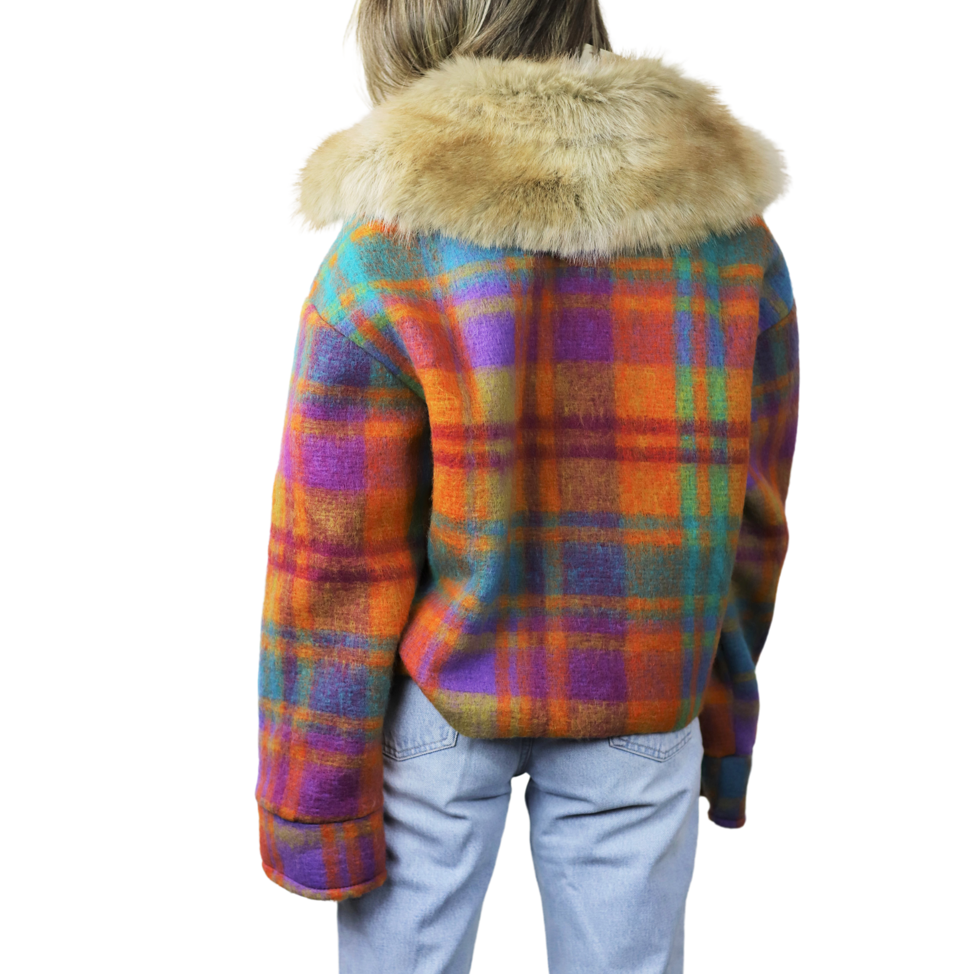 Plaid Cropped Jacket w/ Trim - Orange - Faux Fur Jacket - La Fiorentina CAM5631_OJ_ML