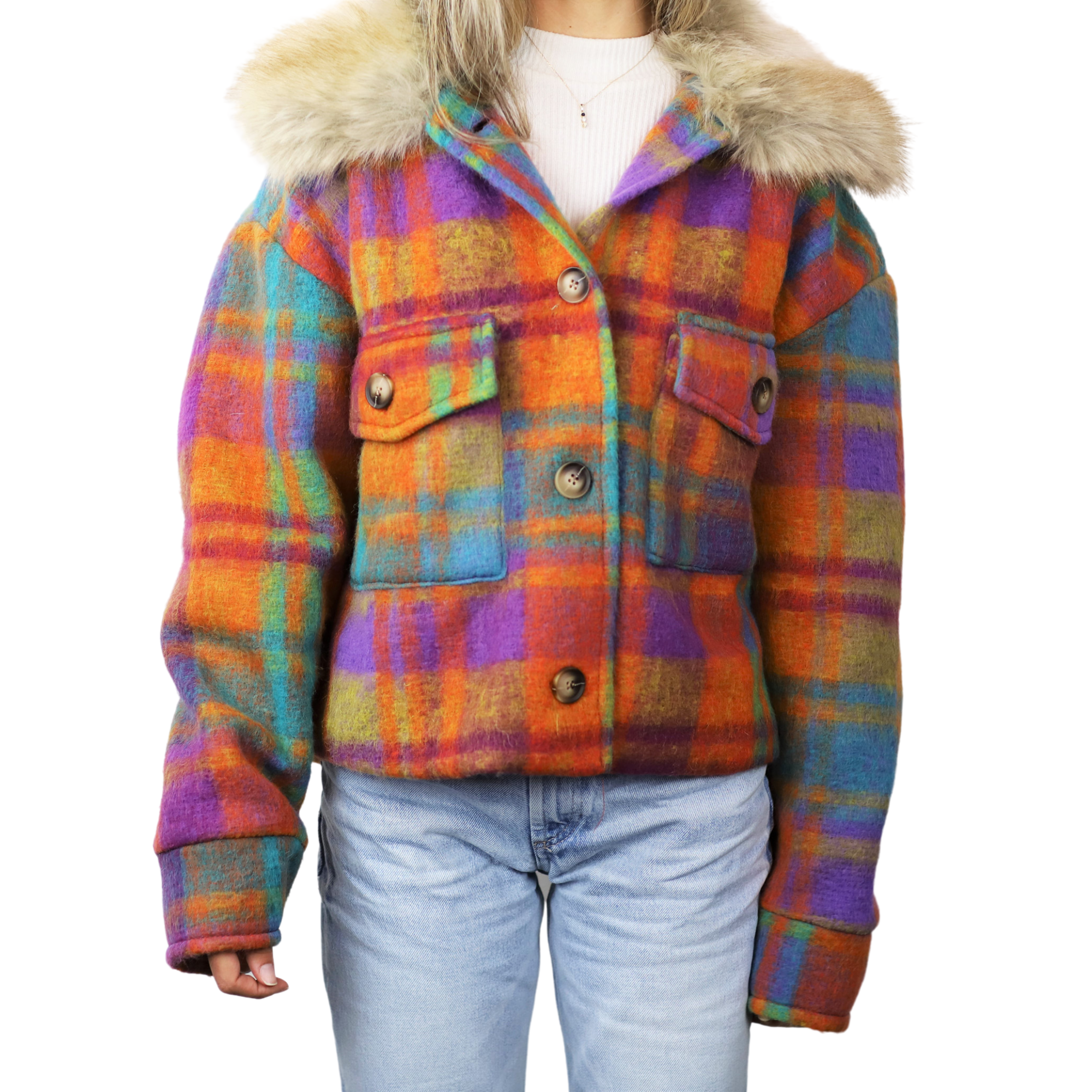 Plaid Cropped Jacket w/ Trim - Orange - Faux Fur Jacket - La Fiorentina CAM5631_OJ_ML