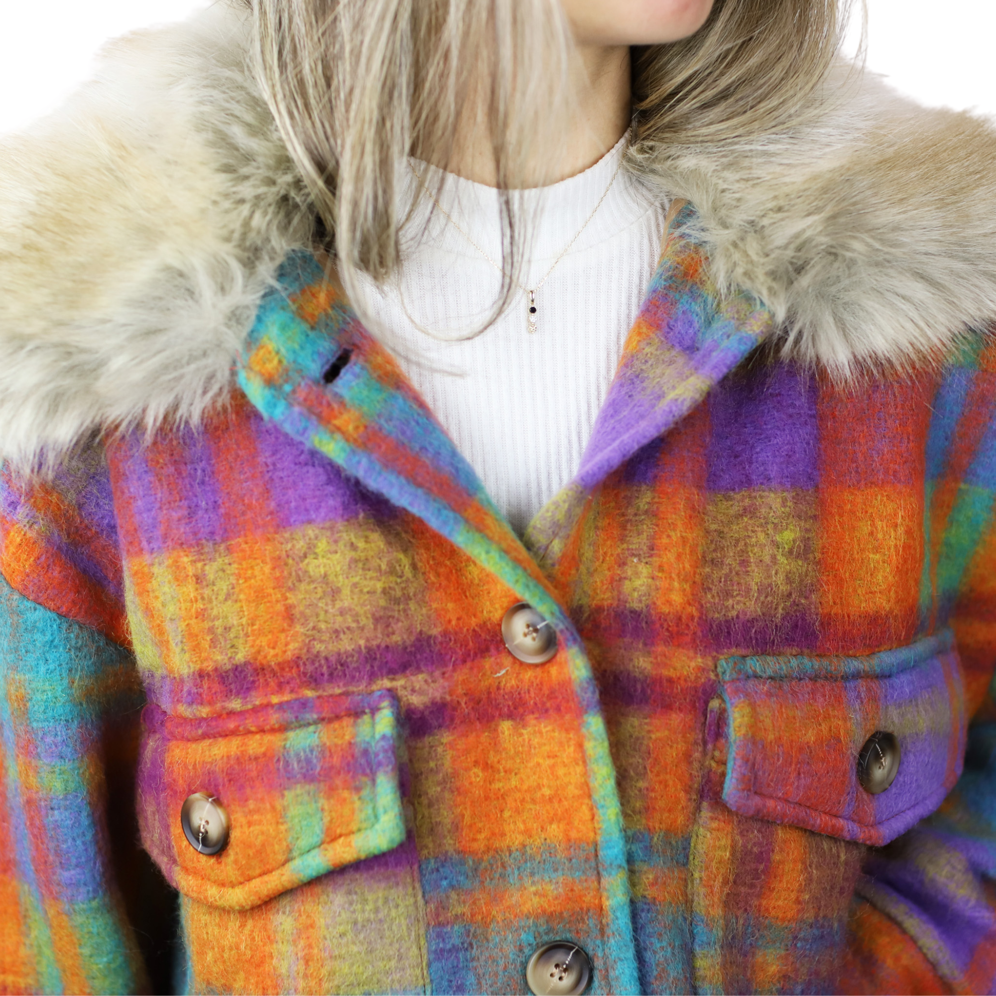 Plaid Cropped Jacket w/ Trim - Orange - Faux Fur Jacket - La Fiorentina CAM5631_OJ_ML