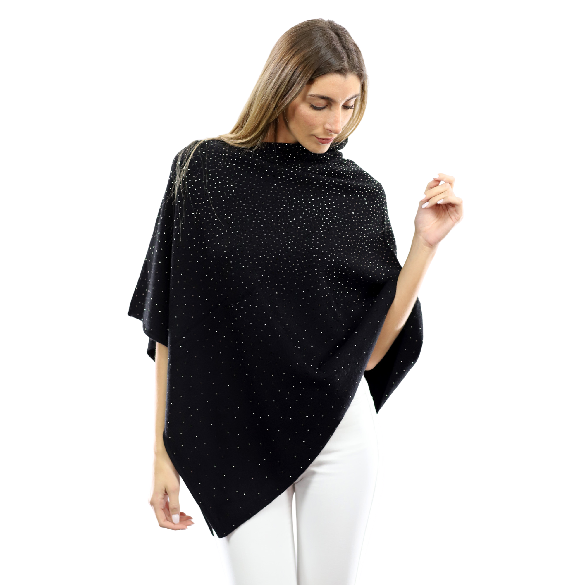 Light Weight Poncho with Embellishments- Black - Poncho - La Fiorentina BE13