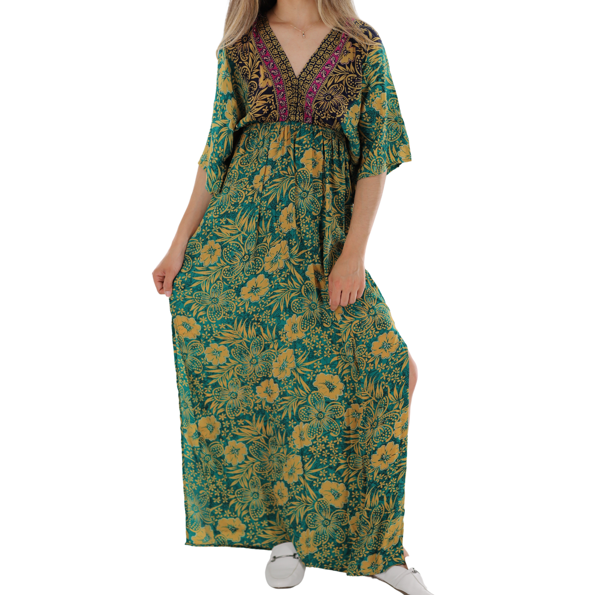 Floral Flowy 'Viola' Maxi Dress with Mid Length Sleeves - Dresses - La Fiorentina 2975-VIOLA-XS