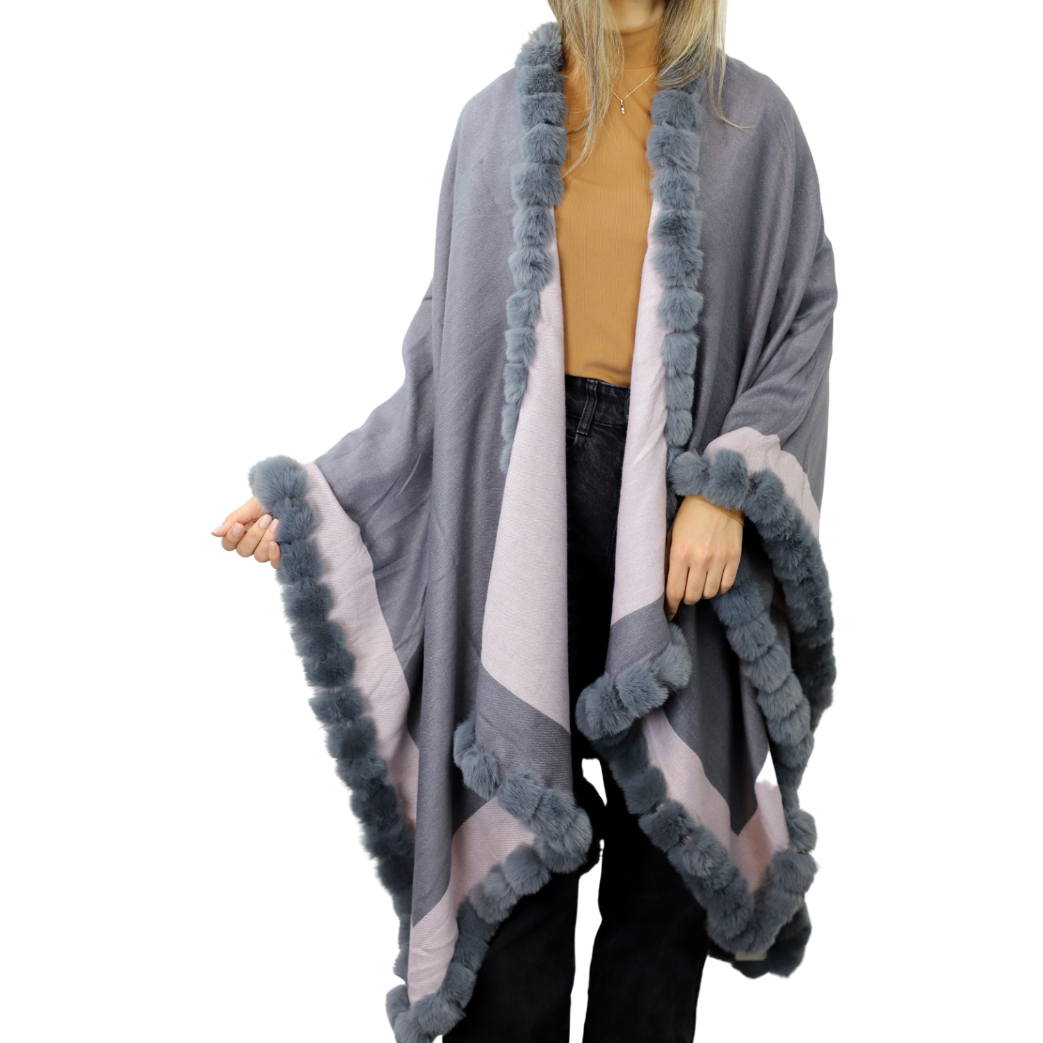 Houndstooth Cape/Wrap with Faux Trim - D.Gray / L.Gray - Faux Fur Wrap - La Fiorentina Faux33-2201_drkgraylghtgray