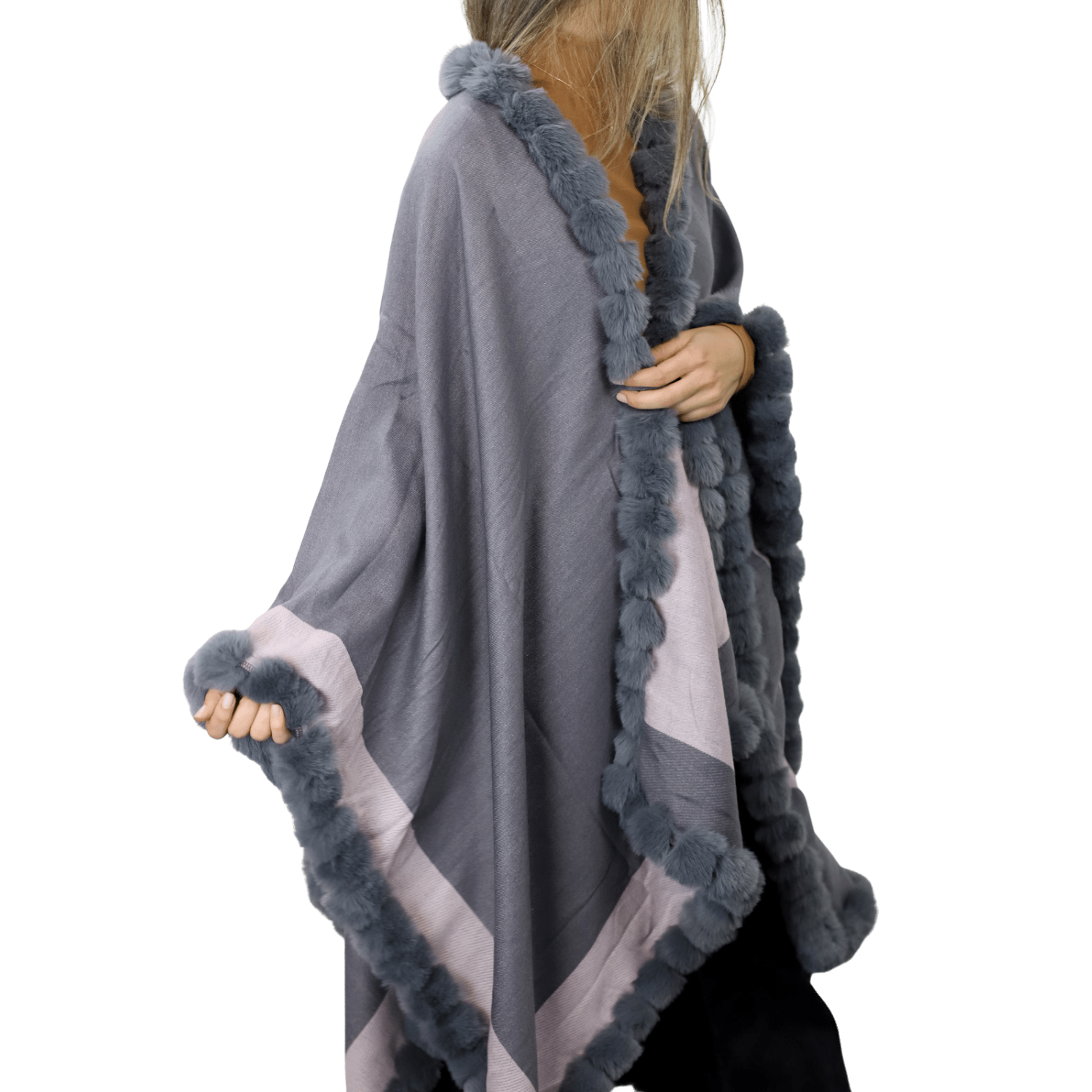 Houndstooth Cape/Wrap with Faux Trim - D.Gray / L.Gray - Faux Fur Wrap - La Fiorentina Faux33-2201_drkgraylghtgray