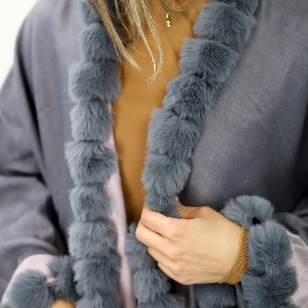 Houndstooth Cape/Wrap with Faux Trim - D.Gray / L.Gray - Faux Fur Wrap - La Fiorentina Faux33-2201_drkgraylghtgray