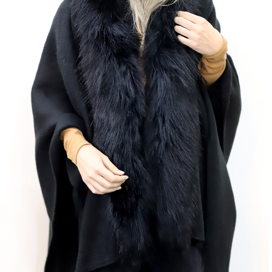 La Fiorentina Ruana with Faux Trim - Black/Grey - Faux Fur Ruana - La Fiorentina, Black TN-119-FAUX-BLACK