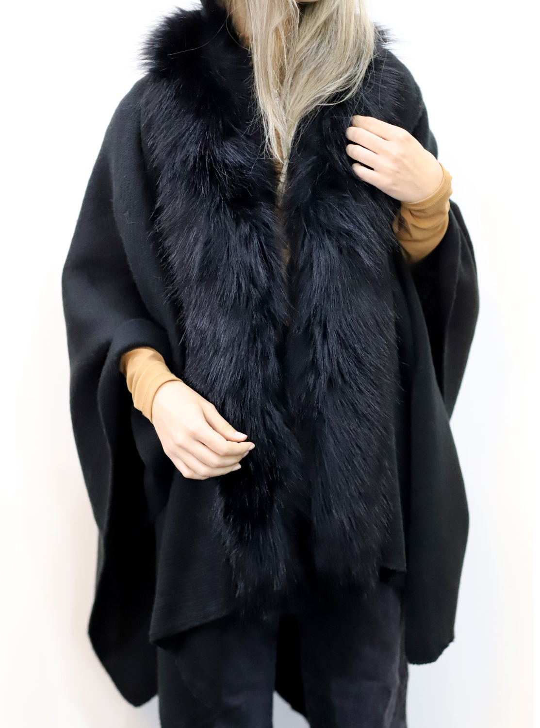 La Fiorentina Ruana with Faux Trim - Black/Grey - Faux Fur Ruana - La Fiorentina, Black TN-119-FAUX-BLACK