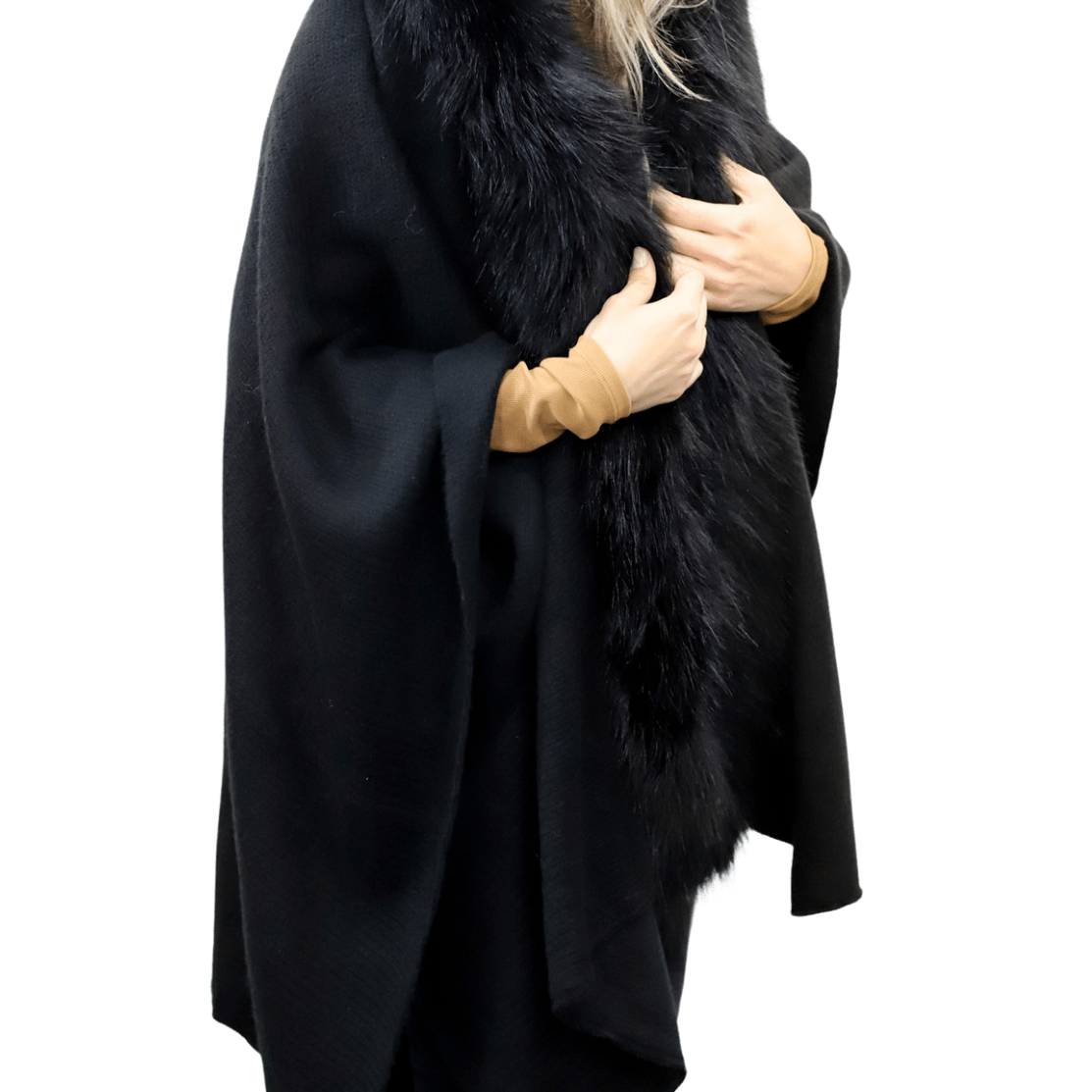 La Fiorentina Ruana with Faux Trim - Black/Grey - Faux Fur Ruana - La Fiorentina, Black TN-119-FAUX-GREY