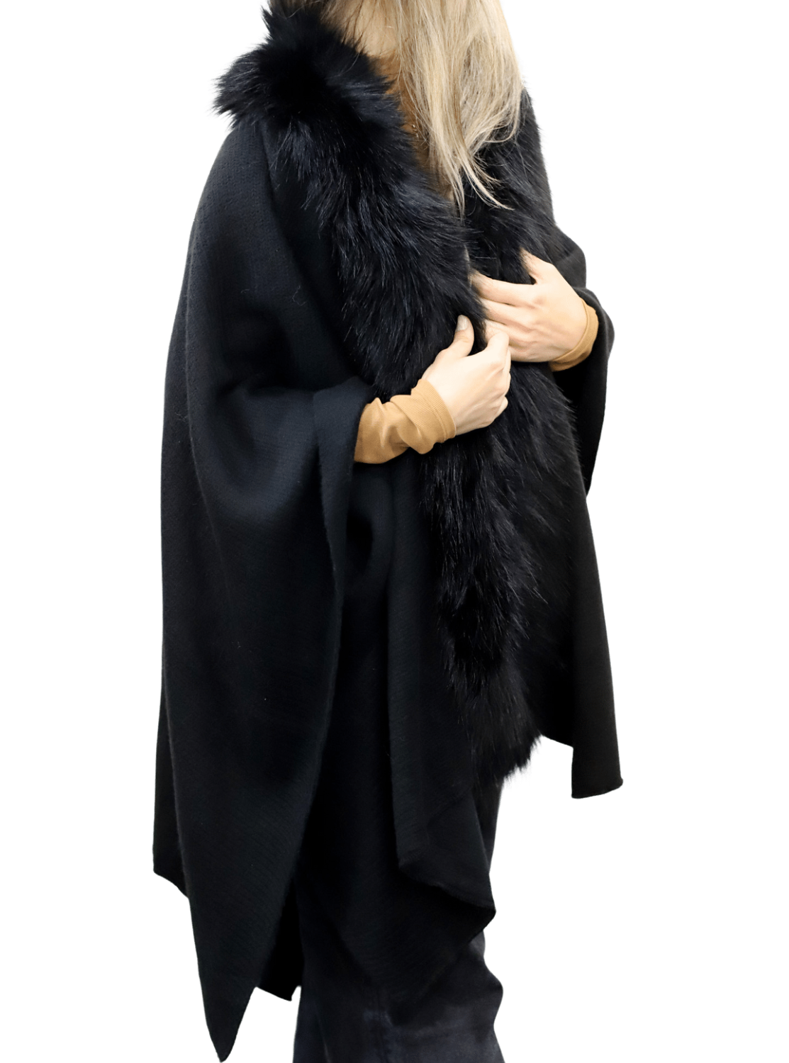 La Fiorentina Ruana with Faux Trim - Black/Grey - Faux Fur Ruana - La Fiorentina, Black TN-119-FAUX-GREY