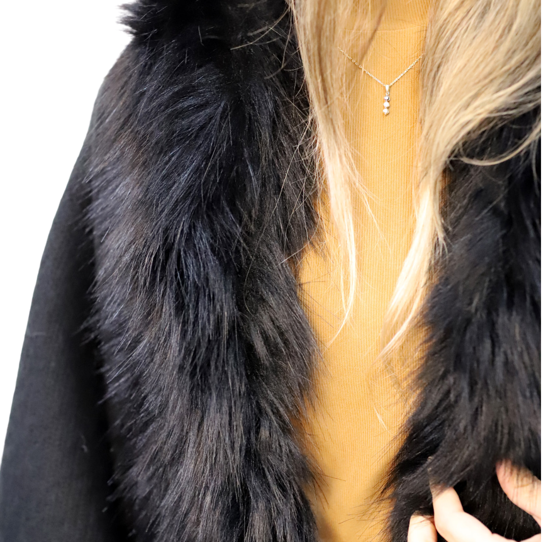 La Fiorentina Ruana with Faux Trim - Black/Grey - Faux Fur Ruana - La Fiorentina, Black TN-119-FAUX-GREY